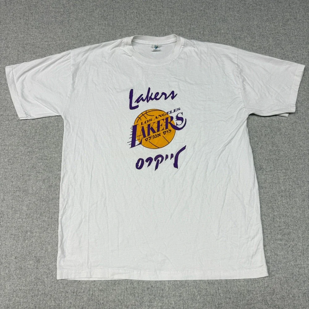 Vintage Los Angeles Lakers Hebrew Script T-Shirt Size XXL White NBA Made Israel